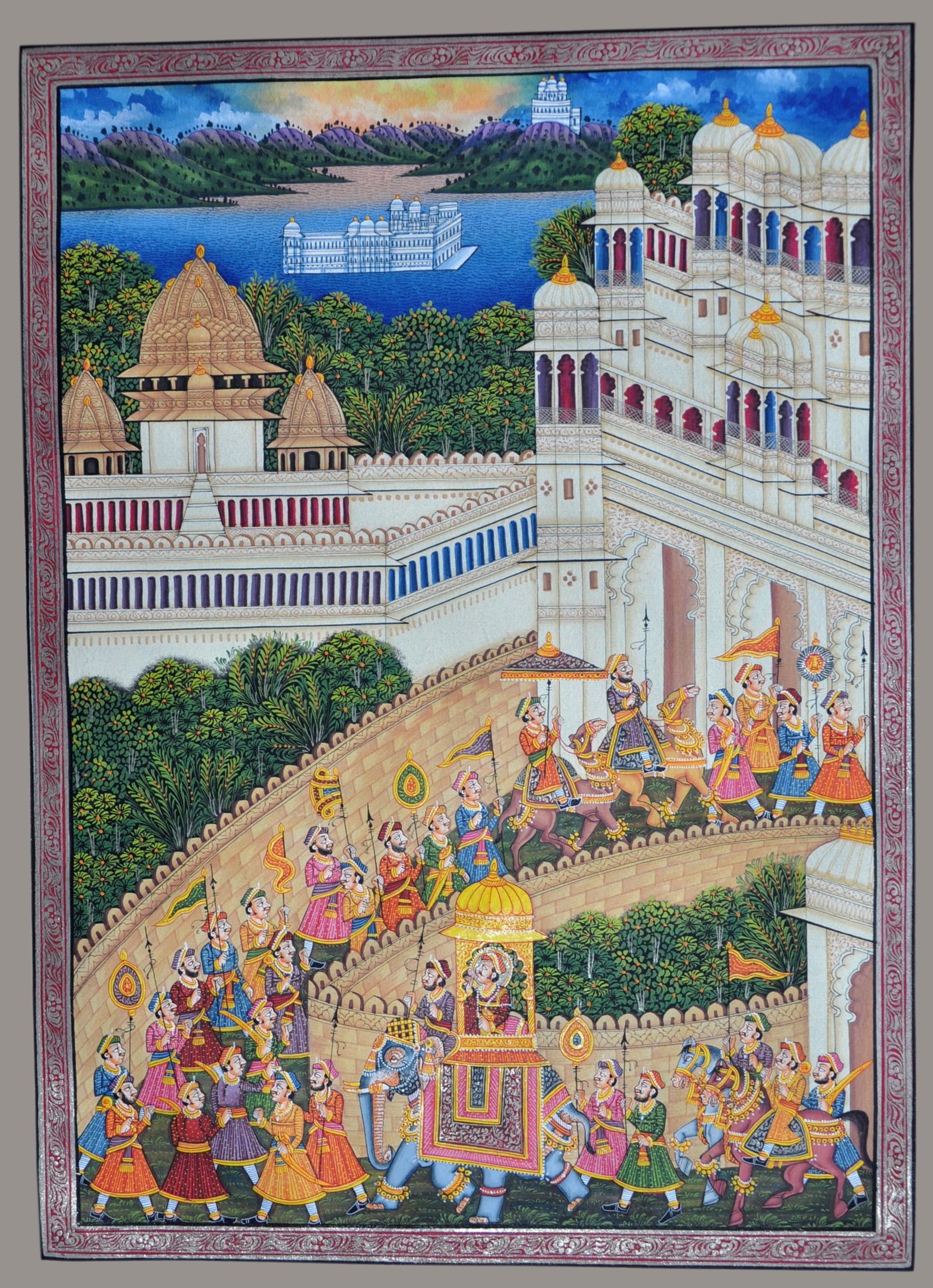 MINIATURE PAINTING ON SILK - KING PROCESSION